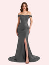 Sexy Side Slit Off Shoulder Mermaid Soft Satin Long Matron of Honor Dress For Wedding For Sale