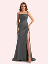 Simple Mermaid Spaghetti Straps Side Slit Soft Satin Long Matron of Honor Dress For Wedding