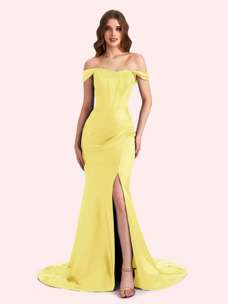 Sexy Side Slit Off Shoulder Mermaid Soft Satin Long Matron of Honor Dress For Wedding For Sale