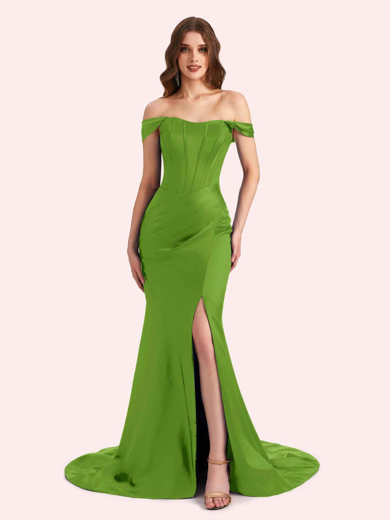 Sexy Side Slit Off Shoulder Mermaid Soft Satin Long Matron of Honor Dress For Wedding For Sale