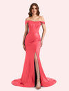 Sexy Side Slit Off Shoulder Mermaid Soft Satin Long Matron of Honor Dress For Wedding For Sale