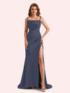 Simple Mermaid Spaghetti Straps Side Slit Soft Satin Long Matron of Honor Dress For Wedding
