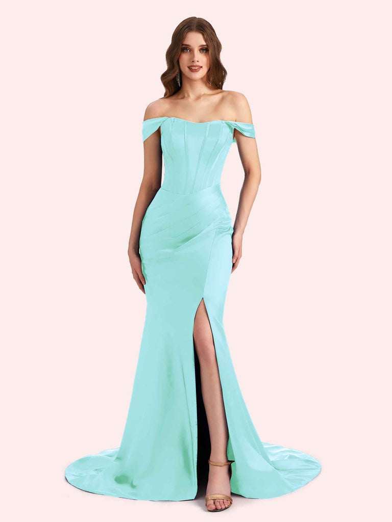 Sexy Side Slit Off Shoulder Mermaid Soft Satin Long Matron of Honor Dress For Wedding For Sale