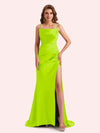 Simple Mermaid Spaghetti Straps Side Slit Soft Satin Long Matron of Honor Dress For Wedding