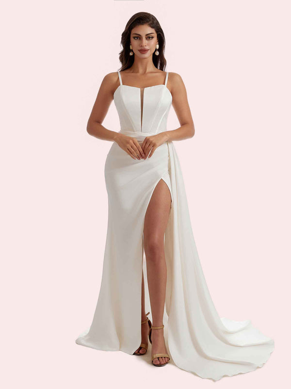 Elegant Mermaid Pleats Side Slit illusion Spaghetti Strap Soft Satin Long Bridesmaid Dress For Wedding