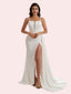 Elegant Mermaid Pleats Side Slit illusion Spaghetti Strap Soft Satin Long Bridesmaid Dress For Wedding