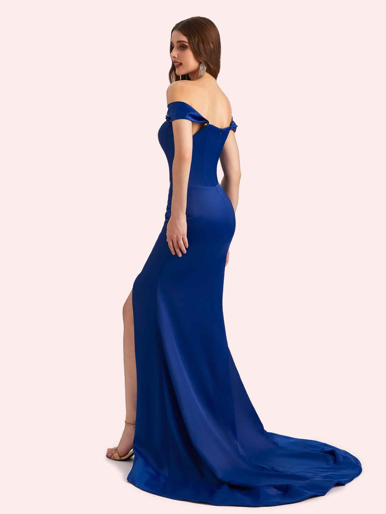 Sexy Side Slit Off Shoulder Mermaid Soft Satin Long Matron of Honor Dress For Wedding For Sale