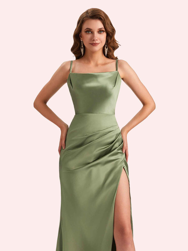 Simple Mermaid Spaghetti Straps Side Slit Soft Satin Long Matron of Honor Dress For Wedding
