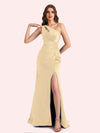 Sexy Side Slit One Shoulder Mermaid Soft Satin Long Matron of Honor Dress For Wedding