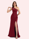 Sexy Side Slit One Shoulder Mermaid Soft Satin Long Matron of Honor Dress For Wedding