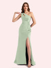 Sexy Side Slit One Shoulder Mermaid Soft Satin Long Matron of Honor Dress For Wedding