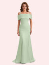 Simple Mermaid Cold Shoulder Soft Satin Long Matron of Honor Dress For Wedding
