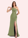Sexy Side Slit One Shoulder Mermaid Soft Satin Long Matron of Honor Dress For Wedding