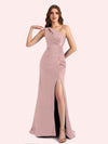 Sexy Side Slit One Shoulder Mermaid Soft Satin Long Matron of Honor Dress For Wedding