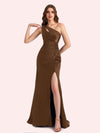 Sexy Side Slit One Shoulder Mermaid Soft Satin Long Matron of Honor Dress For Wedding