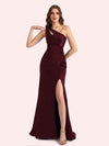 Sexy Side Slit One Shoulder Mermaid Soft Satin Long Matron of Honor Dress For Wedding