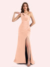 Sexy Side Slit One Shoulder Mermaid Soft Satin Long Matron of Honor Dress For Wedding
