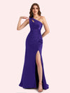Sexy Side Slit One Shoulder Mermaid Soft Satin Long Matron of Honor Dress For Wedding