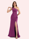 Sexy Side Slit One Shoulder Mermaid Soft Satin Long Matron of Honor Dress For Wedding