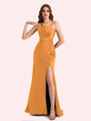 Sexy Side Slit One Shoulder Mermaid Soft Satin Long Matron of Honor Dress For Wedding