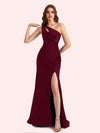 Sexy Side Slit One Shoulder Mermaid Soft Satin Long Matron of Honor Dress For Wedding