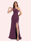 Sexy Side Slit One Shoulder Mermaid Soft Satin Long Matron of Honor Dress For Wedding