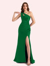 Sexy Side Slit One Shoulder Mermaid Soft Satin Long Matron of Honor Dress For Wedding