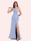Sexy Side Slit One Shoulder Mermaid Soft Satin Long Matron of Honor Dress For Wedding
