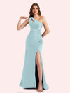 Sexy Side Slit One Shoulder Mermaid Soft Satin Long Matron of Honor Dress For Wedding