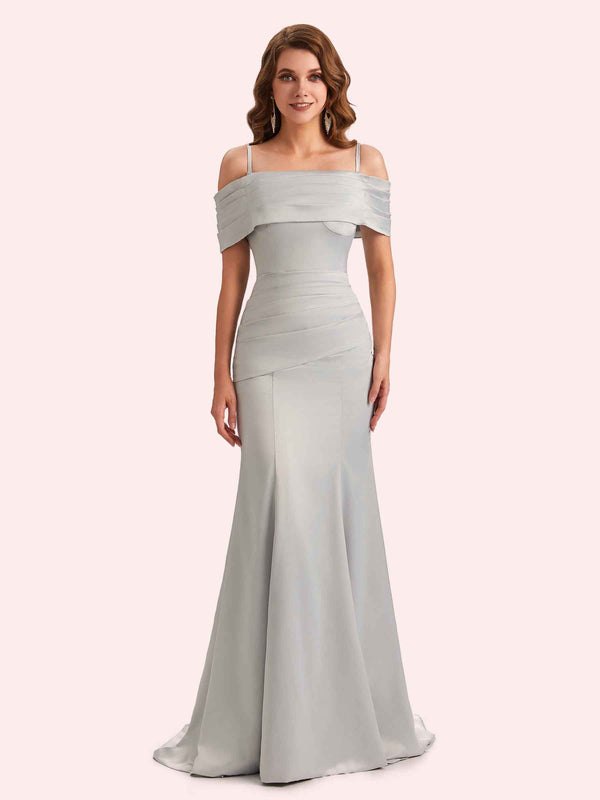 Simple Mermaid Cold Shoulder Soft Satin Long Matron of Honor Dress For Wedding