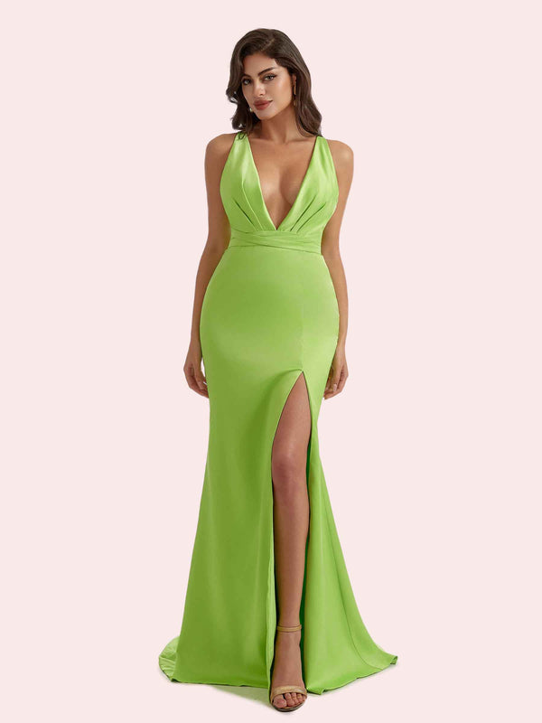 Sexy V-neck Mermaid Pleats Side Slit Soft Satin Long Bridesmaid Dress For Wedding