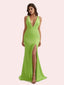 Sexy V-neck Mermaid Pleats Side Slit Soft Satin Long Bridesmaid Dress For Wedding