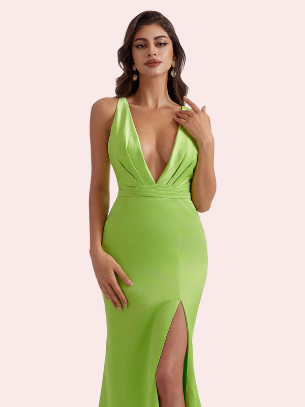 Sexy V-neck Mermaid Pleats Side Slit Soft Satin Long Bridesmaid Dress For Wedding