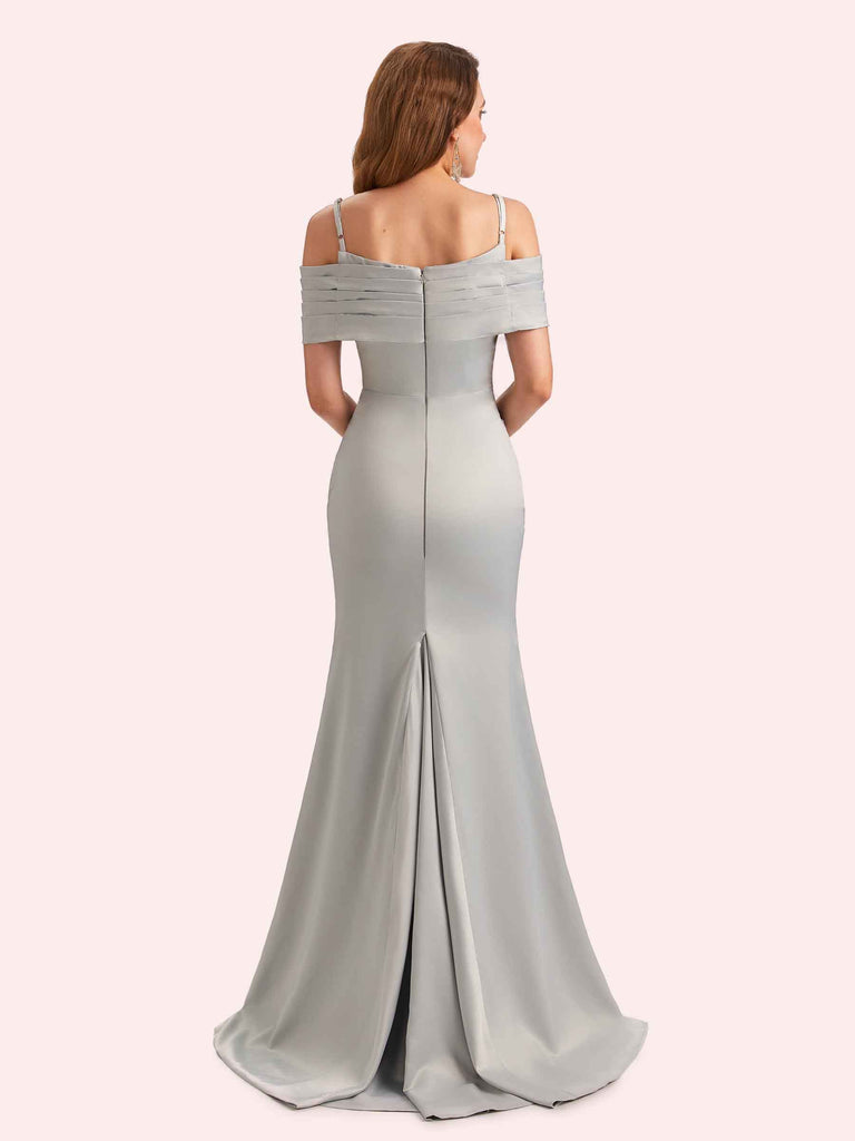 Simple Mermaid Cold Shoulder Soft Satin Long Matron of Honor Dress For Wedding