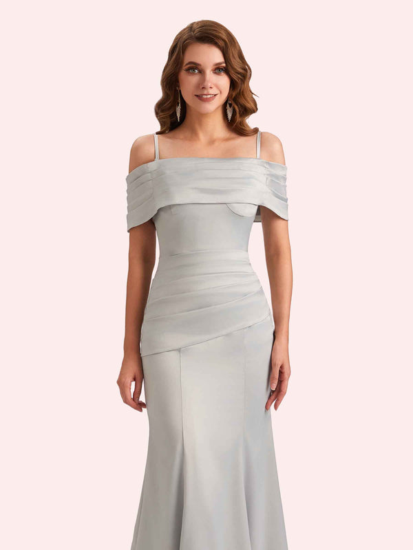 Simple Mermaid Cold Shoulder Soft Satin Long Matron of Honor Dress For Wedding