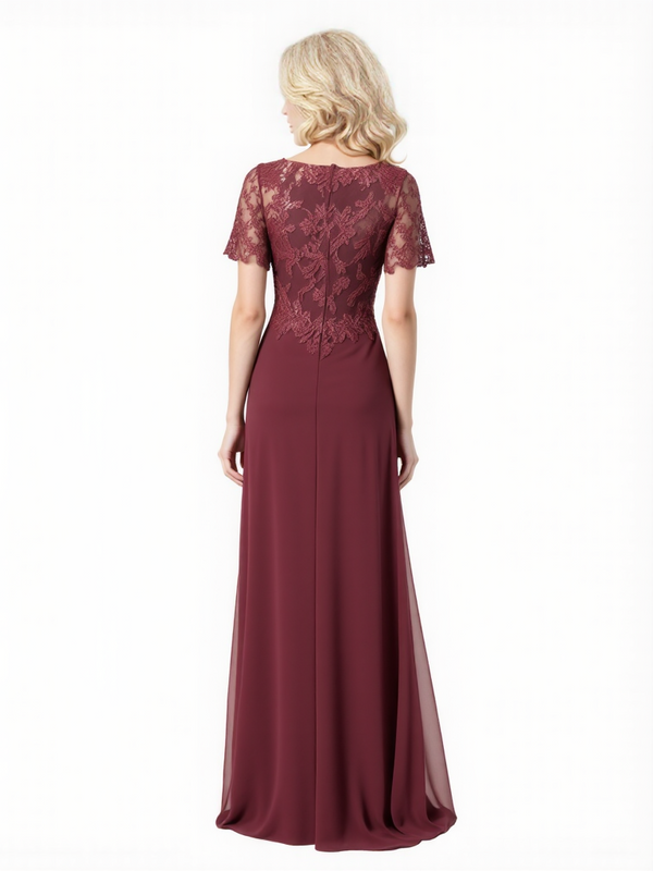 Elegant Side Slit A-Line Lace Applique Short Sleeves Chiffon Long Mother Of The Bride Dresses