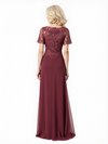 Elegant Side Slit A-Line Lace Applique Short Sleeves Chiffon Long Mother Of The Bride Dresses