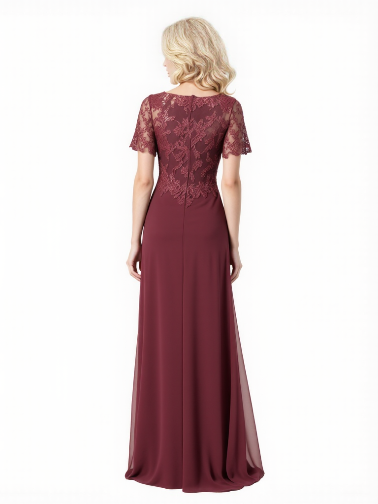 Elegant Side Slit A-Line Lace Applique Short Sleeves Chiffon Long Mother Of The Bride Dresses