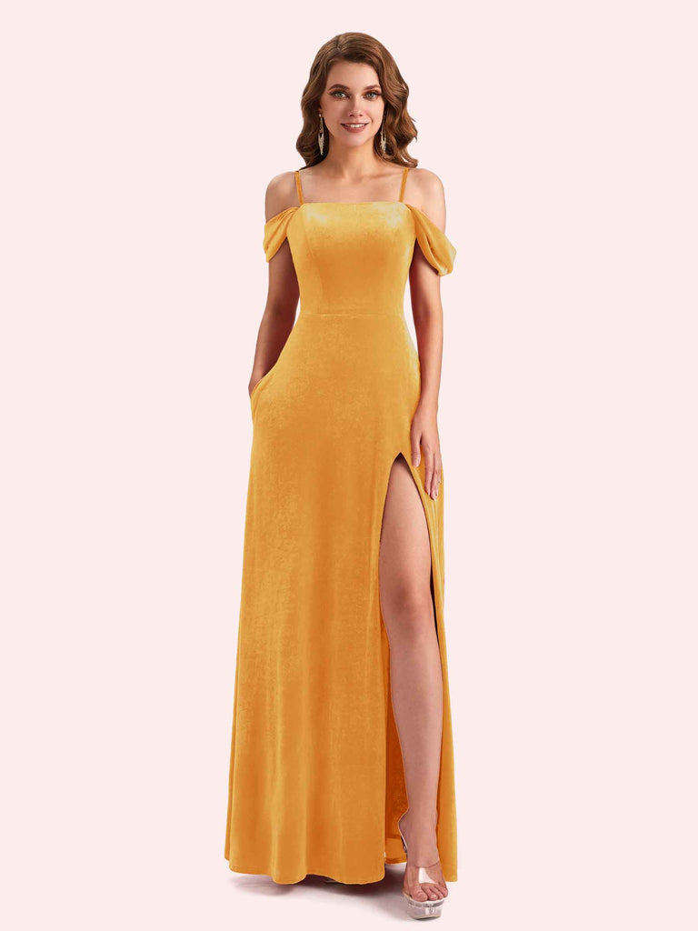 Sexy Velvet Cold Shoulder Side Slit A-Line Long Bridesmaid Dresses Online