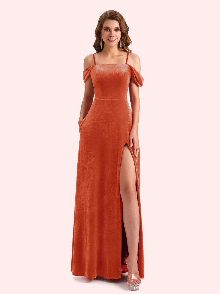 Sexy Velvet Cold Shoulder Side Slit A-Line Long Bridesmaid Dresses Online Sexy Velvet Cold Shoulder Side Slit A-Line Long Bridesmaid Dresses Online
