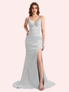 Sexy Side Slit Spaghetti Straps Mermaid Soft Satin Long Matron of Honor Dress For Wedding