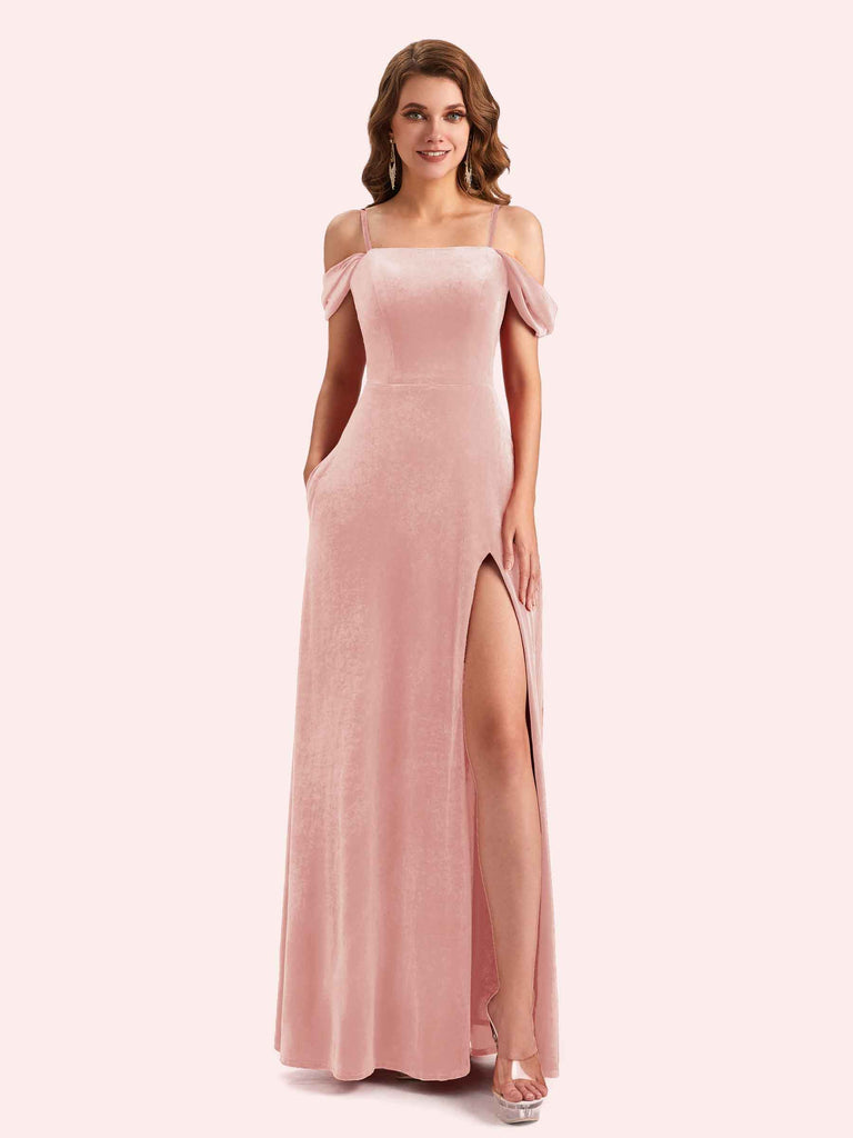 Elegant Cold Shoulder Sleeveless Long A-Line Velvet Bridesmaid Dresses Online
