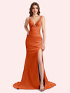 Sexy Side Slit Spaghetti Straps Mermaid Soft Satin Long Matron of Honor Dress For Wedding