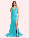 Sexy Side Slit Spaghetti Straps Mermaid Soft Satin Long Matron of Honor Dress For Wedding
