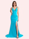Sexy Side Slit Spaghetti Straps Mermaid Soft Satin Long Matron of Honor Dress For Wedding