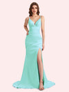 Sexy Side Slit Spaghetti Straps Mermaid Soft Satin Long Matron of Honor Dress For Wedding