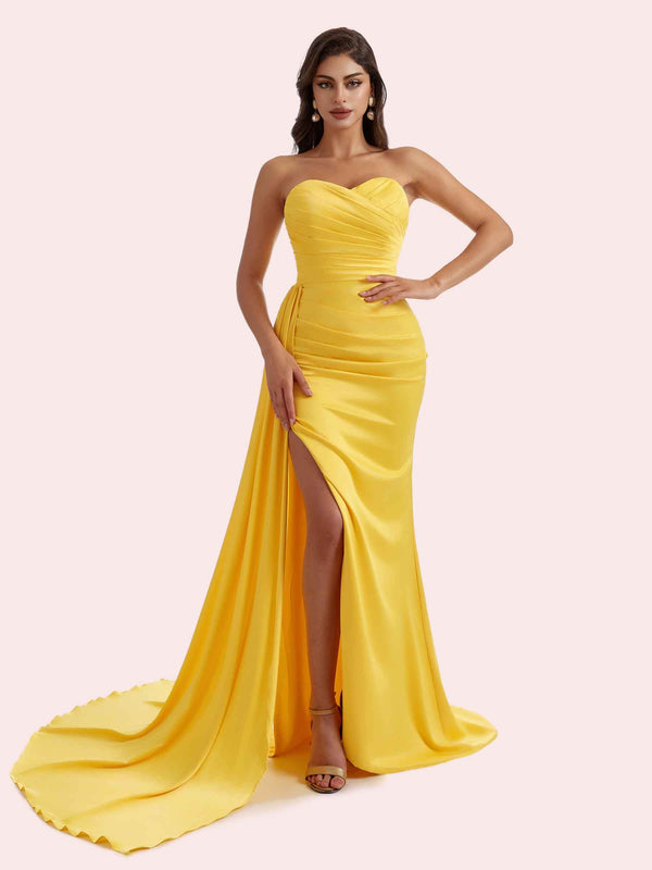 Elegant Sweetheart Mermaid Pleats Side Slit Soft Satin Long Bridesmaid Dress For Wedding