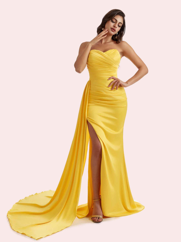 Elegant Sweetheart Mermaid Pleats Side Slit Soft Satin Long Bridesmaid Dress For Wedding Elegant Sweetheart Mermaid Pleats Side Slit Soft Satin Long Bridesmaid Dress For Wedding