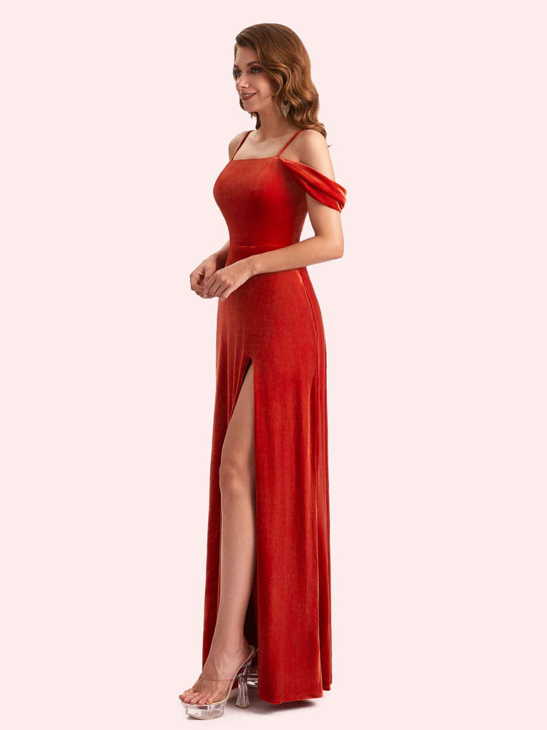 Sexy Velvet Cold Shoulder Side Slit A-Line Long Bridesmaid Dresses Online