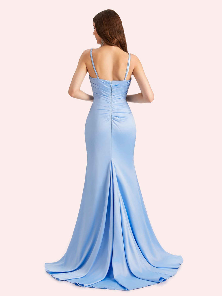 Sexy Side Slit Spaghetti Straps Mermaid Soft Satin Long Matron of Honor Dress For Wedding